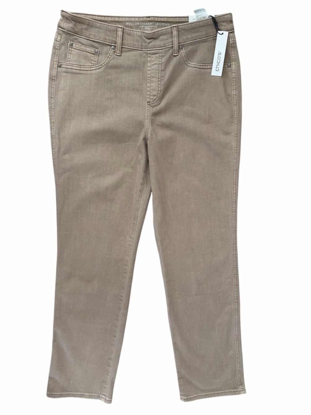 Chico’s Pull-On Straight Leg Jeans Size 10 Neutral Tan Stretch NWT Comfort Fit - Picture 2 of 5